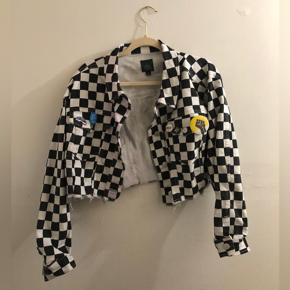 Cropped Moto Jacket with checkerboard pattern and pins